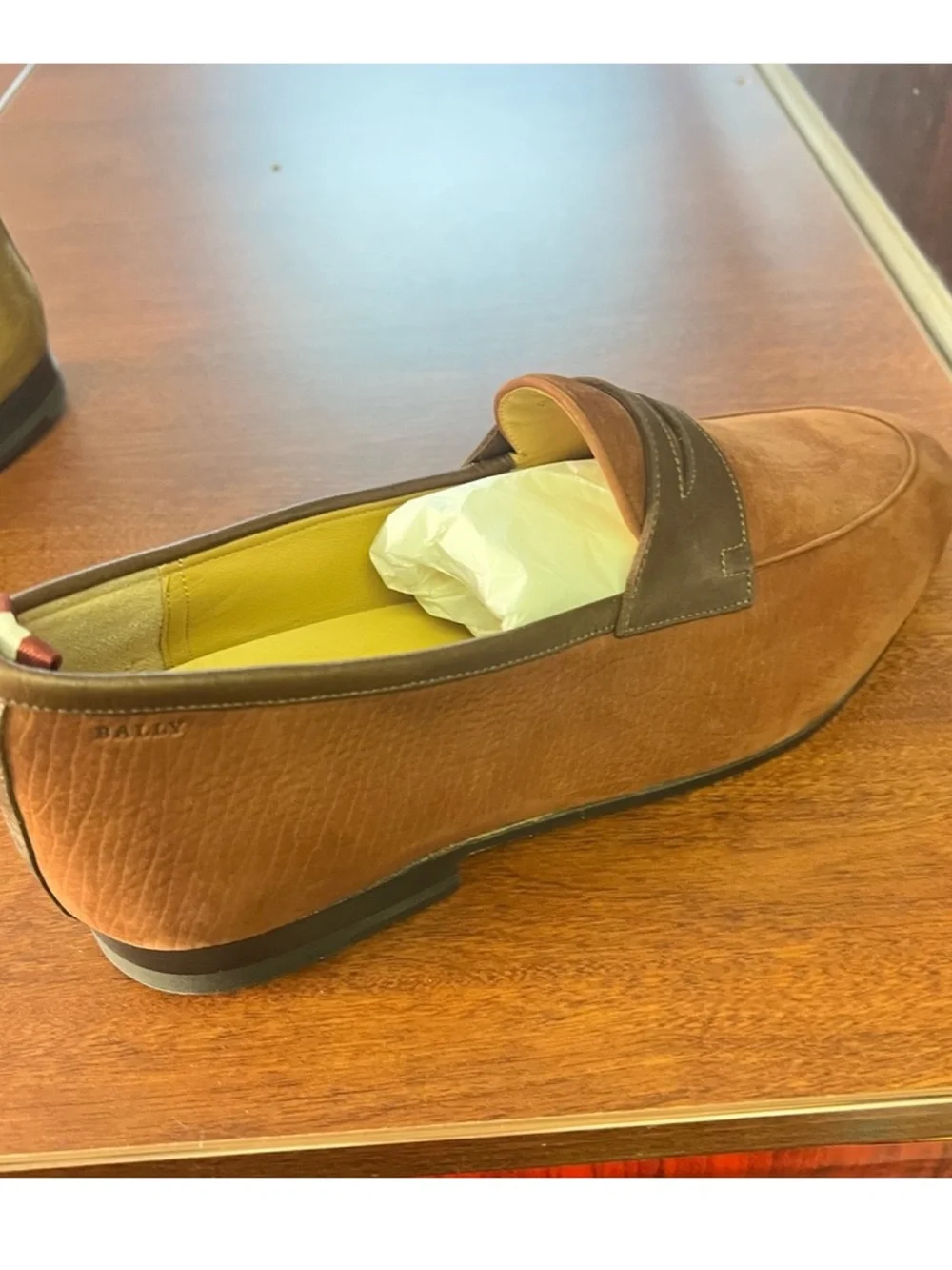 Bally Men's Orange Suede Penny Loafers with Brown Strap